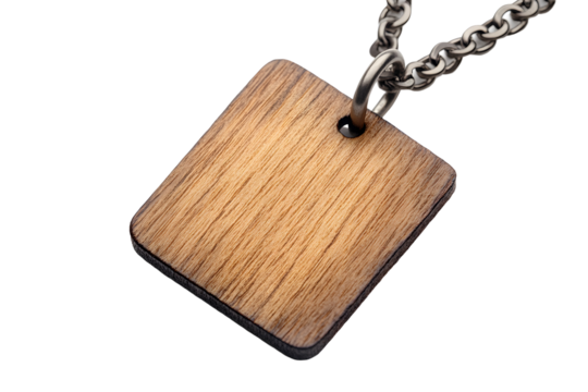 A mock up of a blank wooden square tag on a chain, seen from the side, isolated on white or transparent background