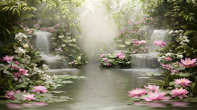 Serene Waterfall Scene in Lush Tropical Garden with Pink Lotus Flowers