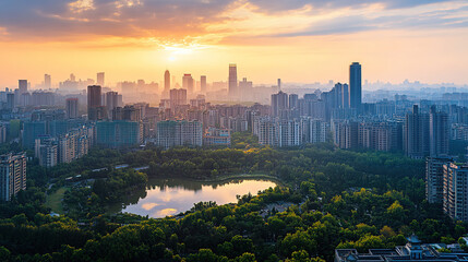 Fototapeta premium Aerial photography of a park in a city with tall buildings