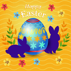 Happy Easter banner on orange background with bright colorful egg and bunnies