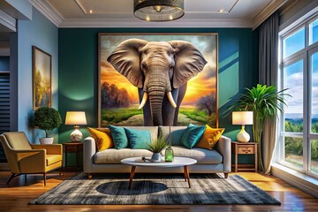 Elegant Living Room: Intricate Elephant Wall Art, Stylish Seating, Natural Light