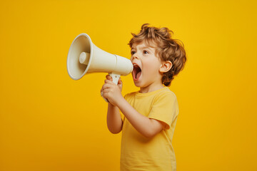 Little boy over isolated colorful backgroundholding a megaphone