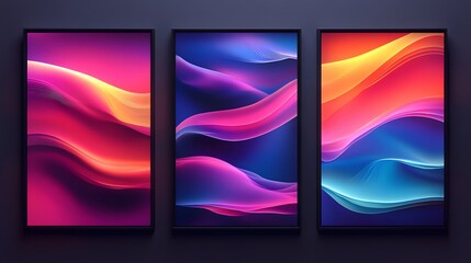 Fototapeta premium Three vibrant framed abstract art pieces are hanging on the wall