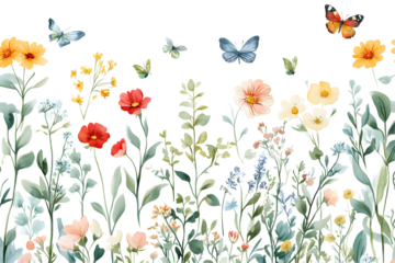 Seamless watercolor floral pattern with colorful wildflowers, leaves, plants and flying butterflies. Vintage garden background in a panoramic horizontal layout, white or transparent background