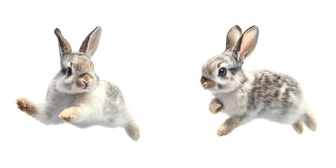 Obraz premium Two cute rabbits on a white or transparent background, displaying the happy bunny running on the floor, as well as the adorable fluffy rabbit sniffing at the air