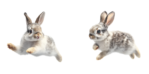 Two cute rabbits on a white or transparent background, displaying the happy bunny running on the floor, as well as the adorable fluffy rabbit sniffing at the air