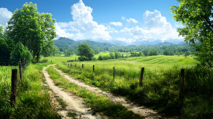 Naklejka premium Sunny Summer Landscape with a Dirt Path Through a Green Field and Distant Mountains