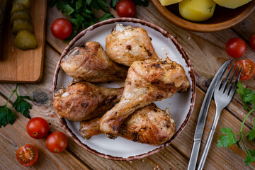 Grilled chicken drumsticks on a plate. Fried chicken legs for lunch on a plate on a wooden table. View from above. Close-up