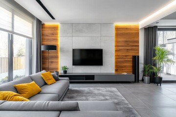 Modern living room with grey sofa, wood paneling, and large TV.