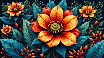 Vibrant Australian Bushland Bloom showcases colorful flowers and lush leaves in rich design. Concept emphasizes beauty of Australian Bushland Bloom and nature's vivid palette