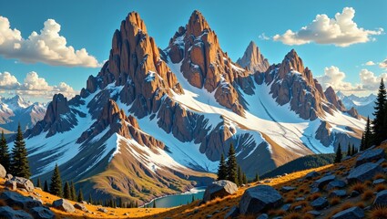 Majestic Argentinian Andean Peaks rise dramatically against blue sky, showcasing stunning rock formations, snow-covered slopes. Concept explores Argentinian Andean Peaks in breathtaking detail