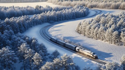 Obraz premium A scenic train traveling through a snow-dusted countryside, its tracks curving through a forest of frosted evergreens