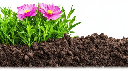 Vibrant Pink Flowers Emerging from Rich Dark Soil in a Garden Setting