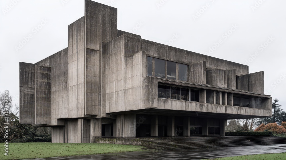 Poster a striking brutalist building with raw concrete facades, sharp angular lines, and an imposing struct