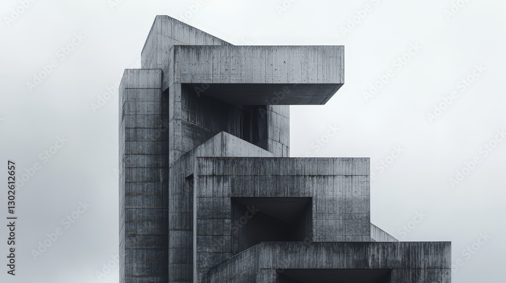 Poster a striking brutalist building with raw concrete facades, sharp angular lines, and an imposing struct
