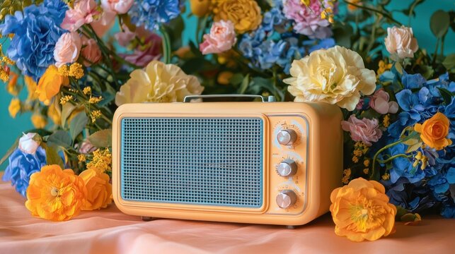 Vintage radio surrounded by colorful floral arrangement, showcasing a cheerful and vibrant atmosphere ideal for spring or retro themes