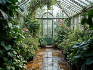 Greenhouse with many plants and a brick floor