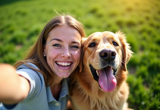 Golden Moments: Young Woman Taking Selfie with Golden Retriever, Sharing Joyful Friendship on a Sunny Day in a Green Meadow
- Powered by Adobe