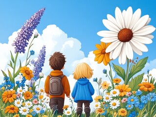 Two children walking hand-in-hand through a vibrant flower field under a blue sky