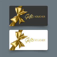 Golden voucher or gift card, gold certificate for discount. Set of isolated template for present coupon with ribbon and bow. Vector illustration