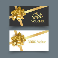 Golden voucher or gift card, gold certificate for discount. Set of isolated template for present coupon with ribbon and bow. Vector illustration