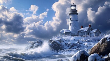 A snow-covered lighthouse perched on a rocky coastline, waves crashing against ice-encrusted rocks under a dramatic winter sky