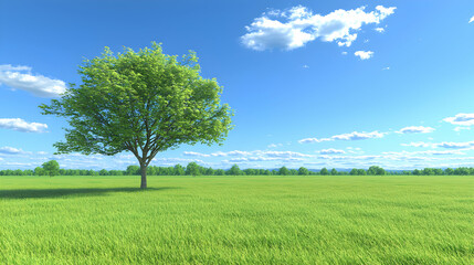 Obraz premium Single Tree in a Green Field Under a Blue Sky with Fluffy Clouds