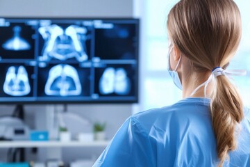 Obraz premium Female doctor or nurse in scrubs viewing x-ray images on a monitor in a hospital or clinic