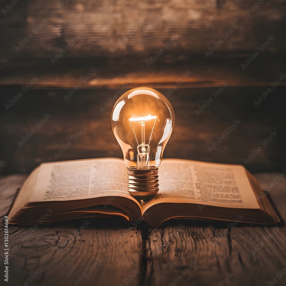 Poster illuminating knowledge light bulb on open book. illuminating ideas with light bulb and open book.