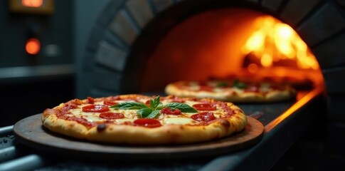 Conveyor belt carrying pizzas through industrial oven, hot, baking equipment, fresh