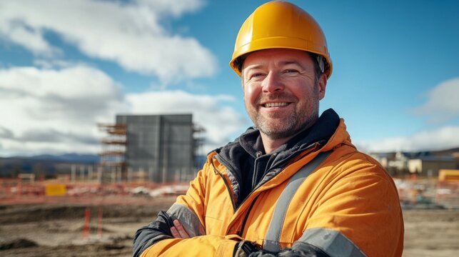labor day,  A portrait of a smiling man in a yellow helmet and jacket with arms crossed, standing in the background of a construction site building