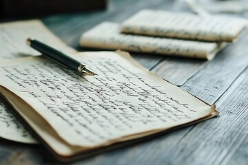 Antique handwritten letters and fountain pen on wooden desk.