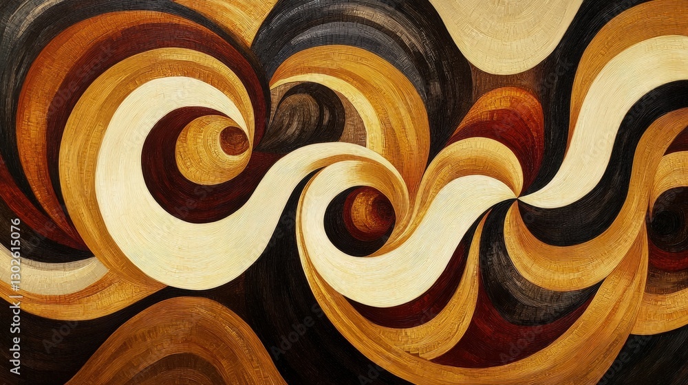 Poster curved shapes and lines that twist and spiral inward, creating a sense of motion and fluidity.