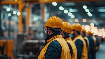 number of diverse labors standing in line next to each other, they are wearing yellow safety hats, owkr wear jackets, in a factory setting, bokeh lights in background, high background blur