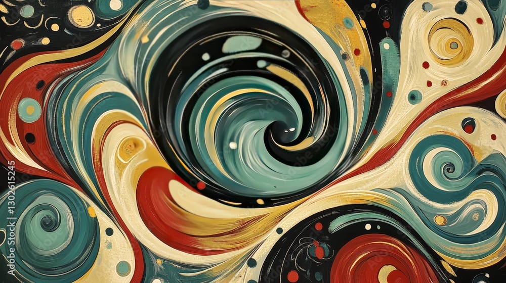 Poster curved shapes and lines that twist and spiral inward, creating a sense of motion and fluidity.