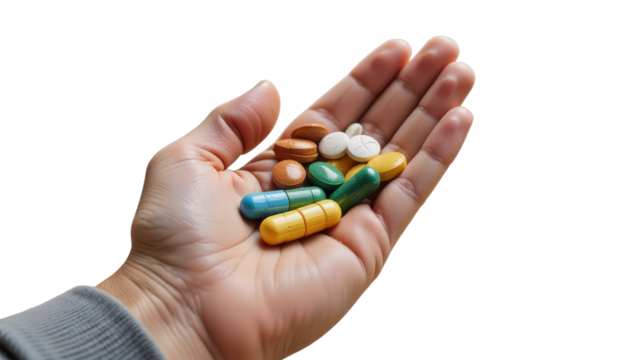 Hand holding an assortment of colorful pills with transparent background