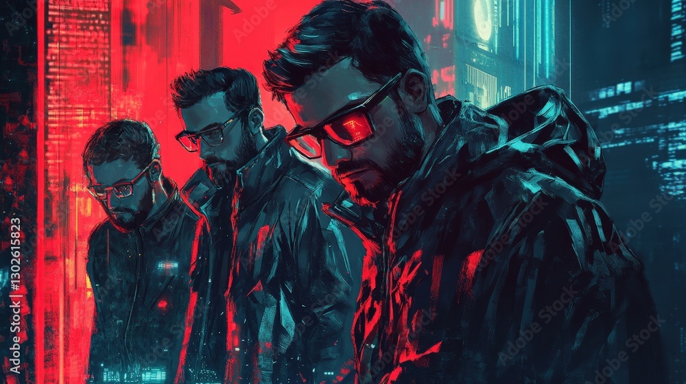 Poster ethical hackers testing security vulnerabilities in high-tech systems, ensuring network protection.