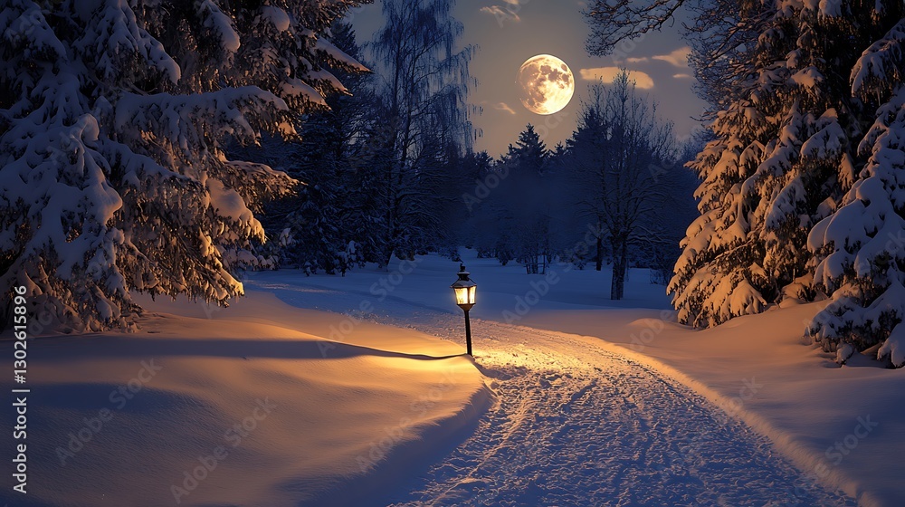 Poster a snowy path lit by a single old-fashioned lantern, with the surrounding trees casting long shadows 