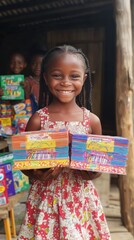 Smiling orphaned children receiving school supplies from kind-hearted donors in a vibrant learning space, fostering education and hope for a brighter future