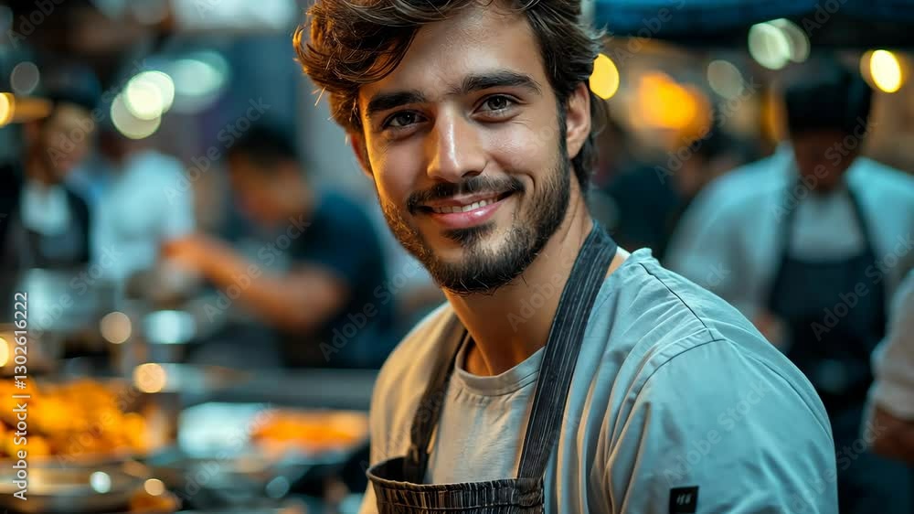Poster man with a beard and a white shirt is smiling at the camera. he is standing in front of a food count