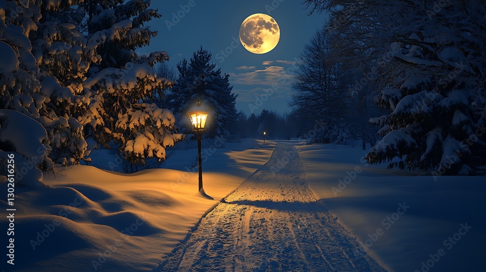 Poster a snowy path lit by a single old-fashioned lantern, with the surrounding trees casting long shadows 