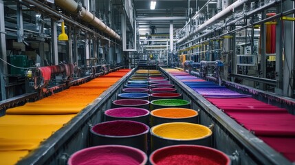 A textile dyeing factory where fabric is dyed in large vats, transforming it into vibrant colors for fashion brands