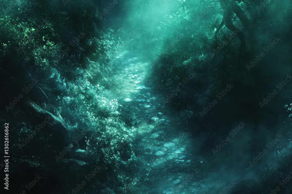 Aufkleber mysterious forest path illuminated by soft light showcasing lush greenery and ethereal atmosphere fo