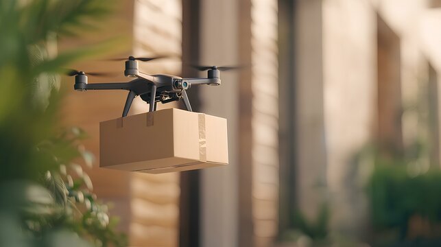 realistic drone delivers a parcel, natural colors, clear and minimalist, laconic, aesthetic, eye catching perspective, cinematic still