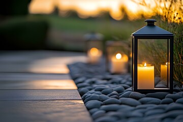 A set of minimalist lanterns with LED candles placed on a stone patio 