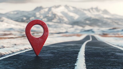 realistic big red geotag on foreground, on winter road on the background, geolocation concept, wide angle 