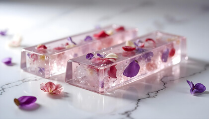 Edible Transparent Chocolate Bars with Floating Edible Flowers, A Clear and Glossy Delight