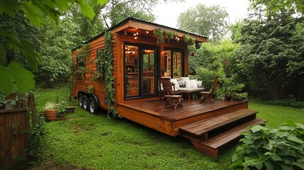 A tiny house on wheels with a stylish wooden deck, surrounded by lush greenery, perfect for an off-grid lifestyle.