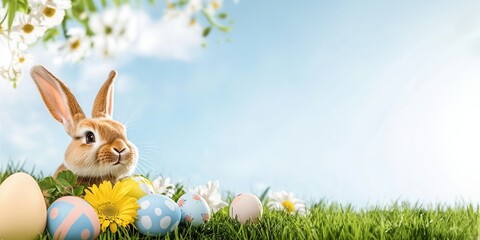 Fototapeta premium Rabbit with colorful easter eggs and flowers in spring field.