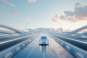 Obraz premium Futuristic Autonomous Vehicle on a Modern Highway at Sunrise